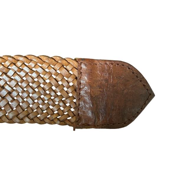Vintage Woven Leather Belt Adjustable to 36” Large Engraved Silver Tone Buckle main image 4